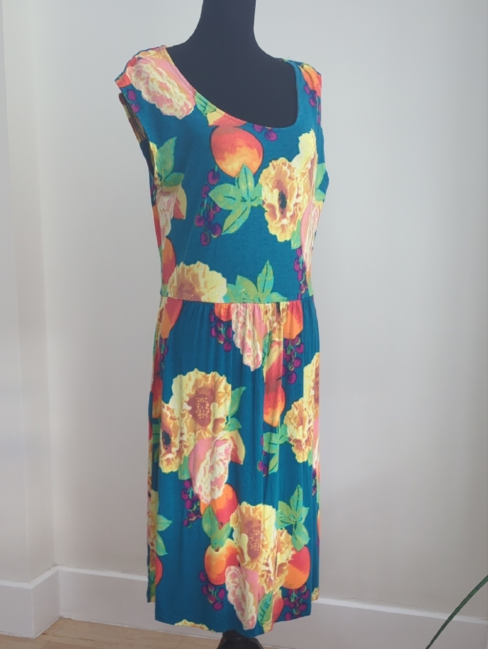 Isaac Mizrahi Live! Floral Fruit Print Knit Midi Dress Teal Blue MEDIUM